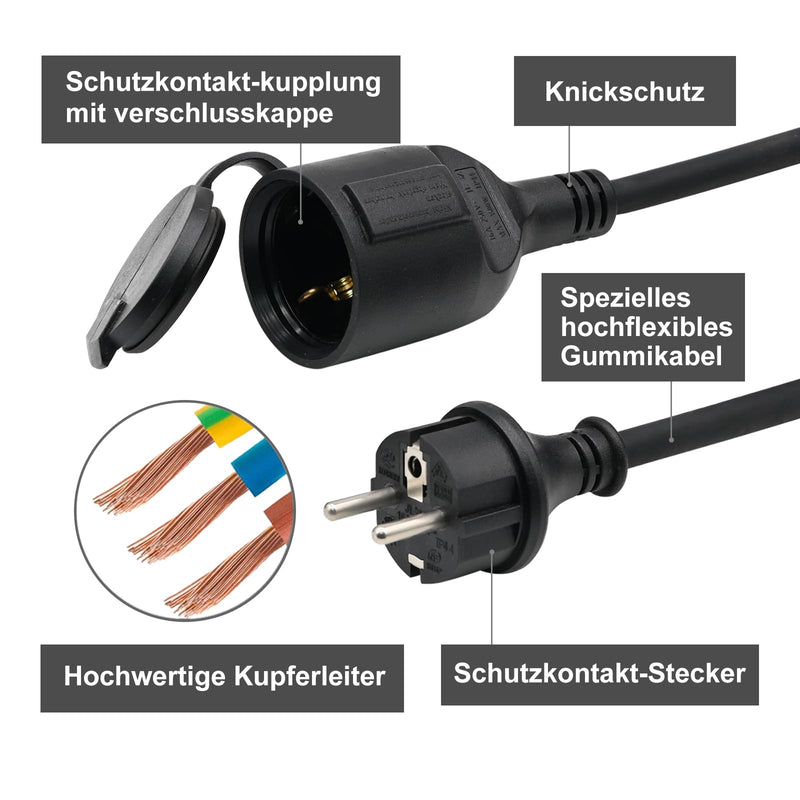 [AUSTRALIA] - Outdoor Extension Cable 2 m for Outdoor Use, Rubber Extension Power Cable with Schuko Plug, IP44 Extension Cable, 3G 1.5 mm² Cable, Outdoor Electric Cable, with Protective Cap, 3500 W, Black 