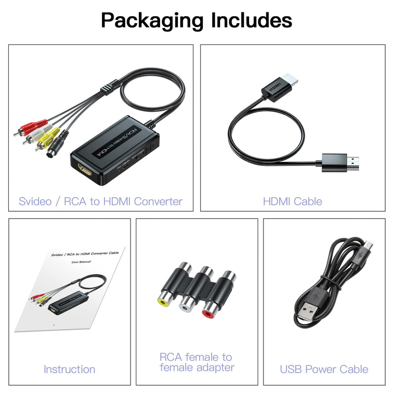 2 in 1 RCA/S-Video to HDMI Converter with 720P/1080P Ouptut Switch, Svideo Composite AV to HDMI Compatible with VHS/DVD/STB/N64/PS2/Wii
