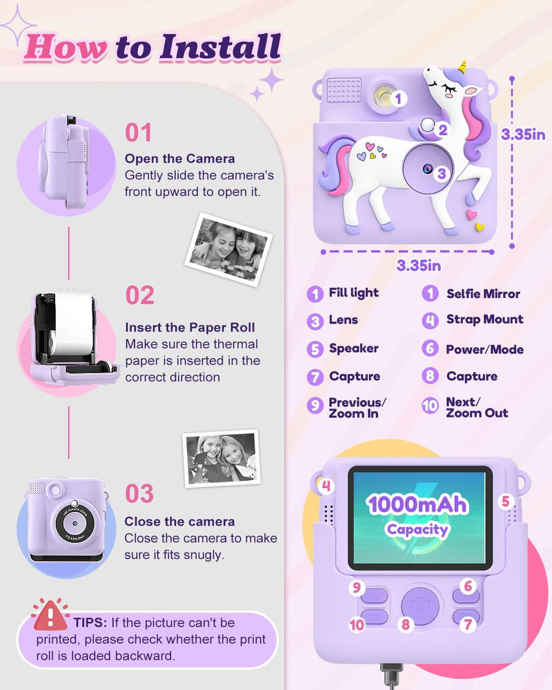 [AUSTRALIA] - Kids Camera Instant Print, 1080P Cameras for Kids Girls Toys Age 6-8, Christmas Birthday Gift for 7 8 9 10 Year Old Girls, Kids Toys for Girls Age 3-12 with 3 Rolls Paper and a 32G Card-Purple Purple 