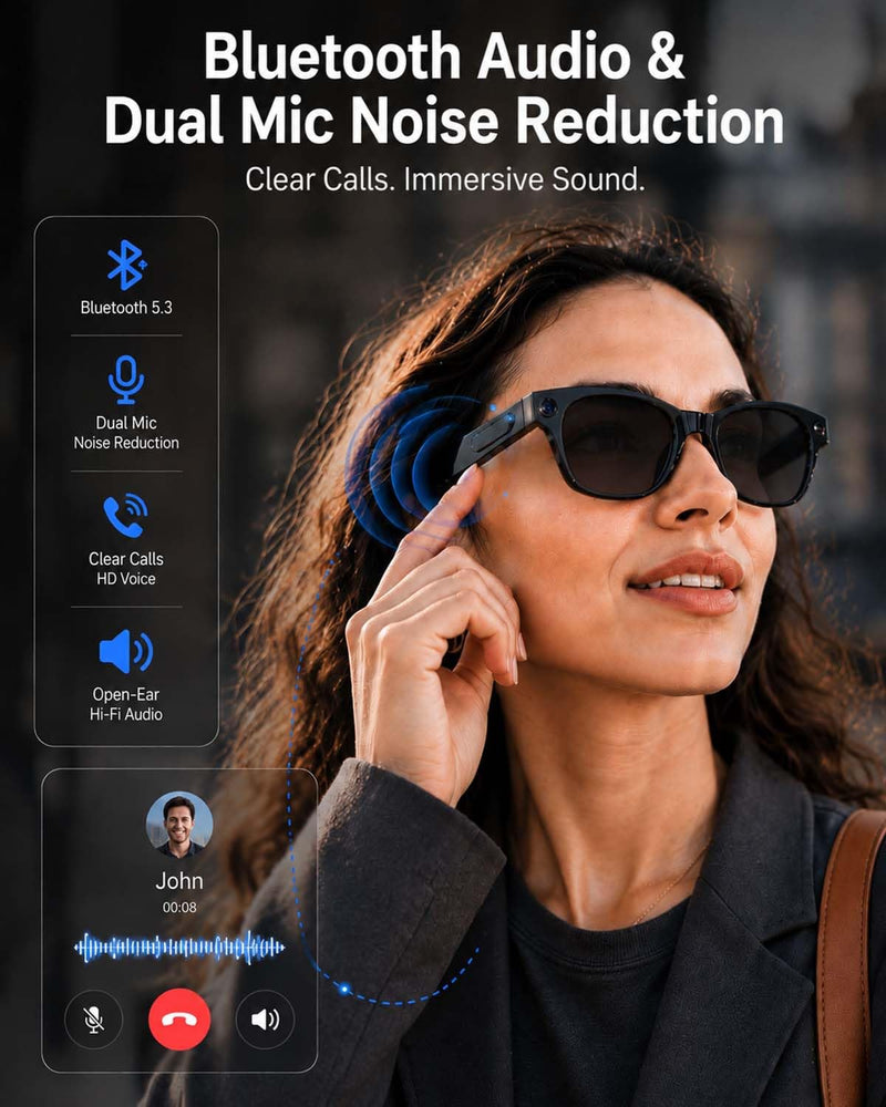W & O AI Smart Glasses with Camera,8MP Photo Camera Sunglasses,1080P Video Recording Glasses with Dual Mic Noise Cancellation,Bluetooth,Real-Time Translation,for Men Women(Sunglass Lenses) Dark lenses
