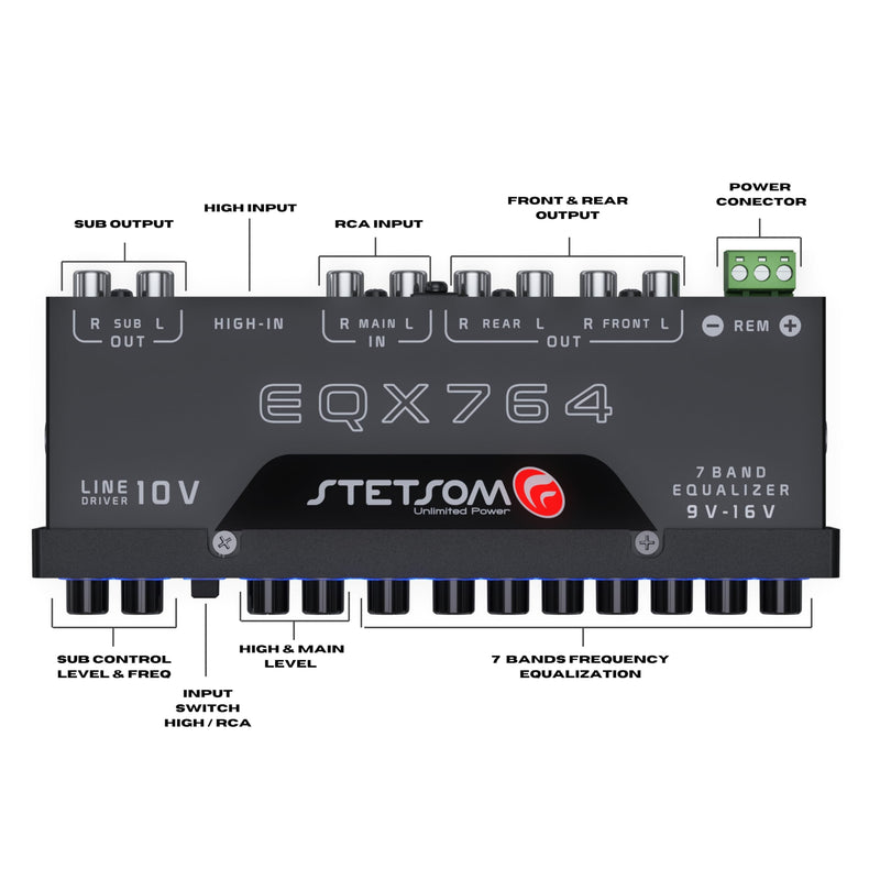 Stetsom EQX764-7 Band Equalizer, Pre-Amp Car Audio Graphic Equalizer with 4 Inputs (RCA & High) 6 Outputs, 10v Line Driver to Avoid Noise and Dedicated Sub Controls (Level & Frequency)