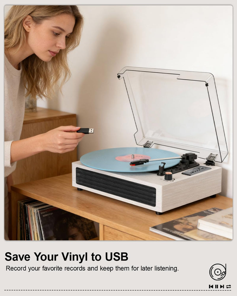 Vinyl Record Player Bluetooth Turntable, 3-Speed Retro Vinyl Player with Built-in Speakers,AUX in, Auto Stop,USB Recording, Belt-Drive LP Player White