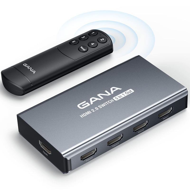 [AUSTRALIA] - HDMI Switch 5 in 1 Out 4K@60Hz, GANA HDMI Splitter Switcher with Remote, Aluminum HDMI 2.0 Switch Box Hub for 3D, HDCP2.2, HDR, Compatible with Xbox, PS5/4/3,Fire Stick,Roku,Blu-Ray Player Gray 
