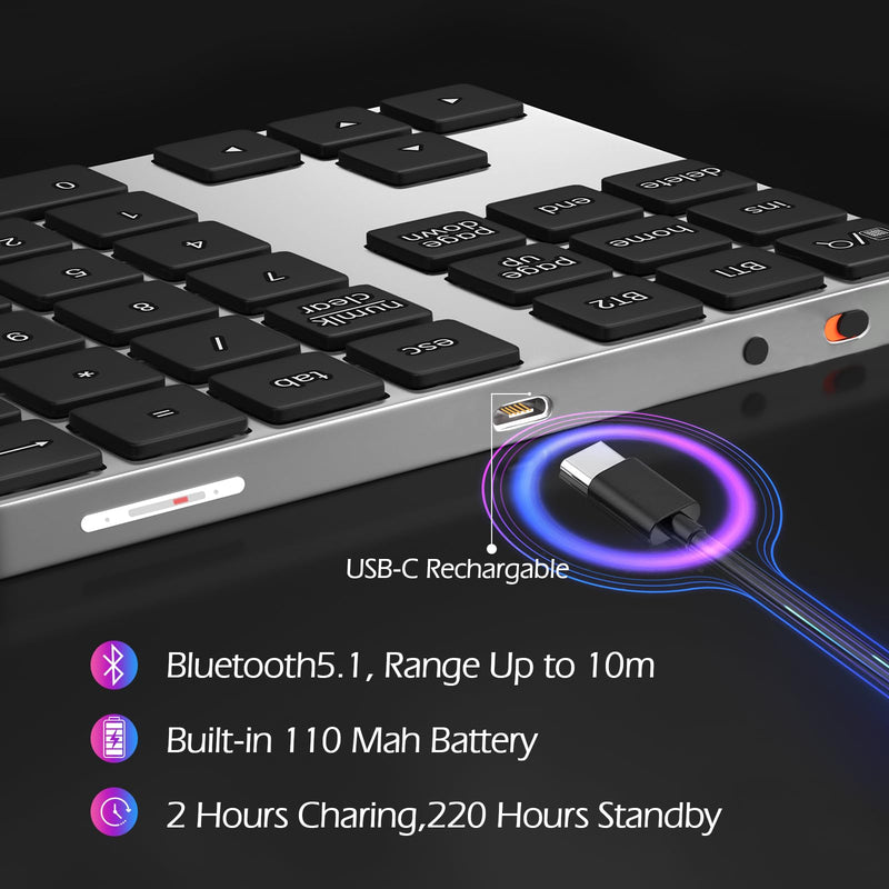[AUSTRALIA] - Foloda Bluetooth Number Pad for Laptop Wireless Number Keypad for Laptop, Rechargeable 10 Key USB Numeric Keypad Numpad for Laptop PC Notebook Silver Grey 