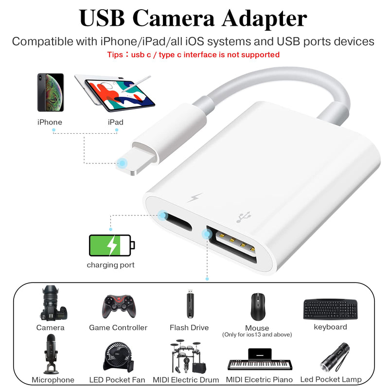 USB Camera Adapter with Charging Port, Portable USB Female OTG Adapter Compatible with iPhone iPad, iPad to USB Adapter Plug and Play Support Card Reader