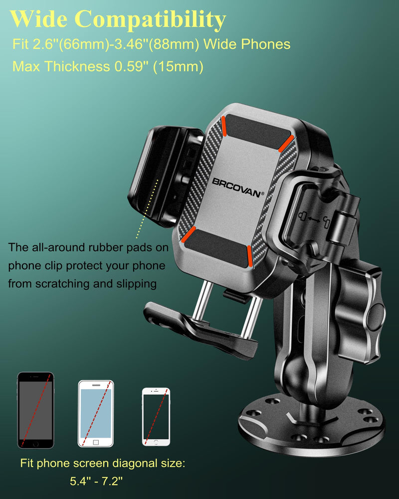 BRCOVAN Anti-Theft Phone Mount Holder with Vibration Dampener, 1s Locking | Don't Block Camera, with Aluminum Round Base & Medium Arm, for Car Boat Truck Motorcycle UTV, Fit 5.4-7.2'' Smartphones
