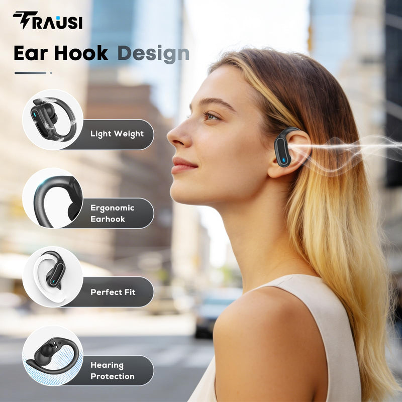 Wireless Earbuds Bluetooth Headphones, 54H Playtime Full Stereo Over Ear Buds with ENC Noise Cancelling, LED Power Display, IPX7 Waterproof Sport Earphones with Earhooks for Running/Workouts Black Soft Black
