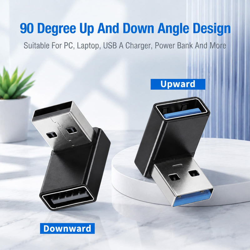 2pcs 90 Degree USB 3.0 Adapter, USB A Male to Female Converter Extender | 90 Degree Up and Down L Shape, Support Charge Data Sync PC Laptop Charger Power Bank Mouse Keyboard