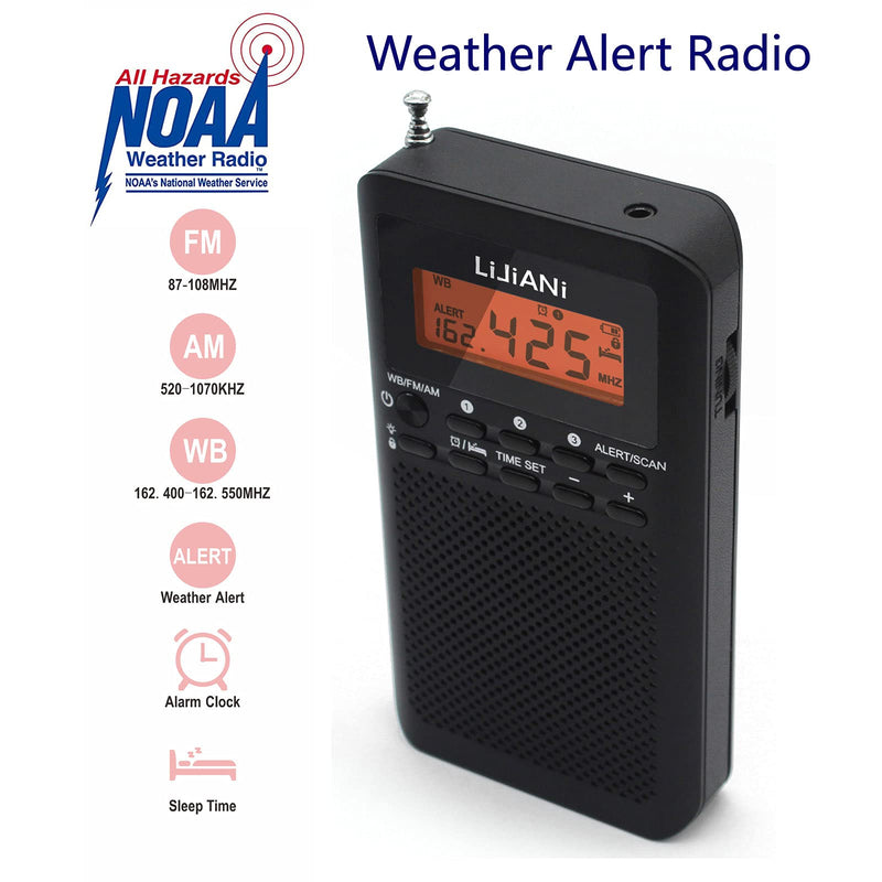 [AUSTRALIA] - NOAA Weather AM FM Portable Radio Operated by 2 AA Batteries with Stereo Earphone,Digital Alarm Clock Sleep Timer,Best Reception,Built in Speaker Best Sound Quality,Luminous Button Design(Black) Black 