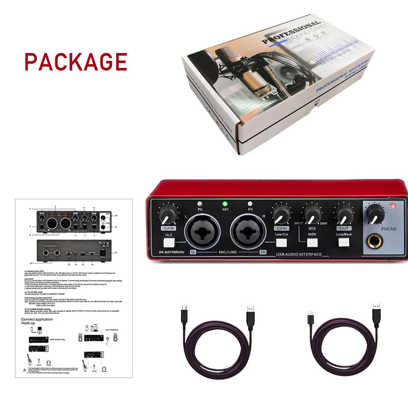 [AUSTRALIA] - USB Audio Interface, Interface for Recording Music, USB2.0 Studio Equipment for Mac/PC, XLR Input, 24Bit/192kHz, Plug & Play, 48V Phantom Power, Red 
