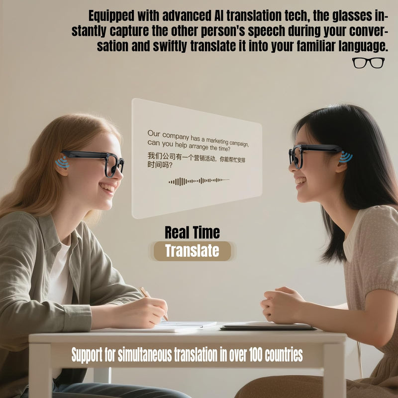 AI Smart Glasses with Camera, 1080P Video Recording, Real-Time Translation, Bluetooth 5.4 Audio, for Photos, Videos, AI Recognition, Vlogging, Hiking, Travel, Business (Photochromic) Photochromic