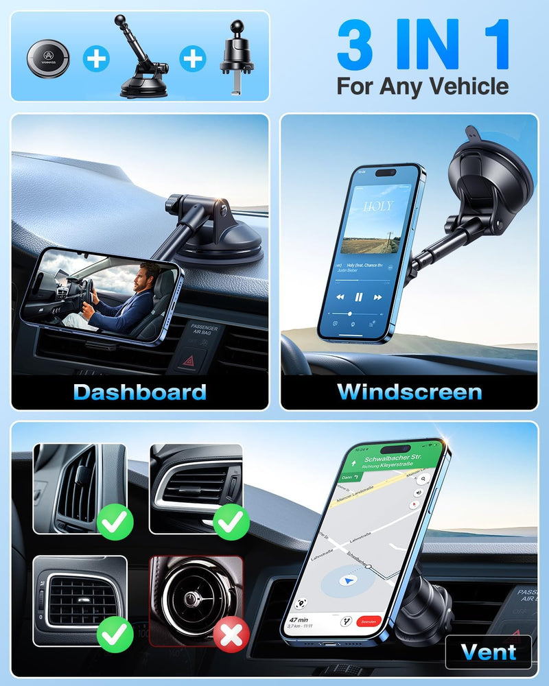 VANMASS Car Phone Holder [Upgraded Suction & Clip] Ultra Magnetic Car Phone Holder [Upgraded Best Magnets] for MagSafe Car Mount