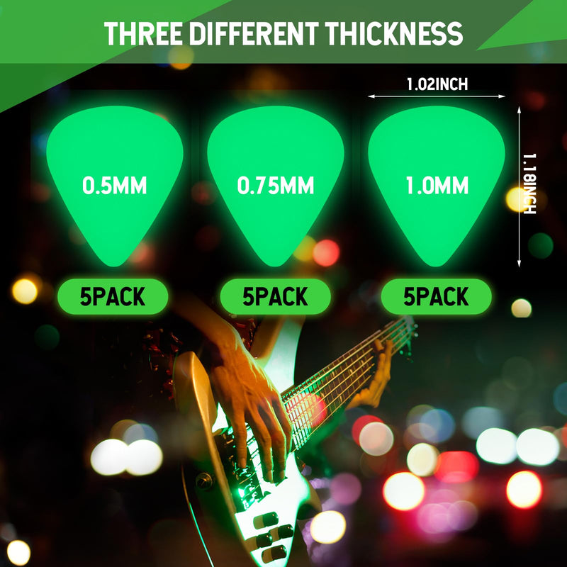 15 Pcs Glow in the Dark Guitar Picks Plectrums Celluloid Guitar Picks 3 Sizes 0.5 0.75 1.0 mm, Thin Medium Heavy Thickness, Light up Guitar Picks for Bass Electric Acoustic Guitars Ukulele