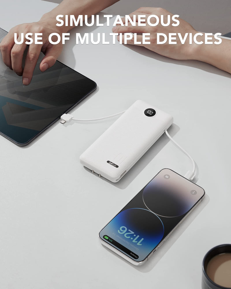 VRURC Portable Charger Built-in Cables and AC Wall Plug, USB C Power Bank 10000mAh, [2023 Upgraded Version] Phone Charger Compact Lightweight External Battery Pack for Smart Phones, Tablets etc-White White