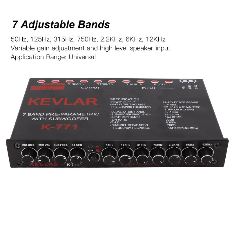 7 Band Car Audio Graphic Equalizer, Variable Gain Adjustment High Level Input EQ, Low Pass Filter, Chassis Graphic Equalizer with Control Volume