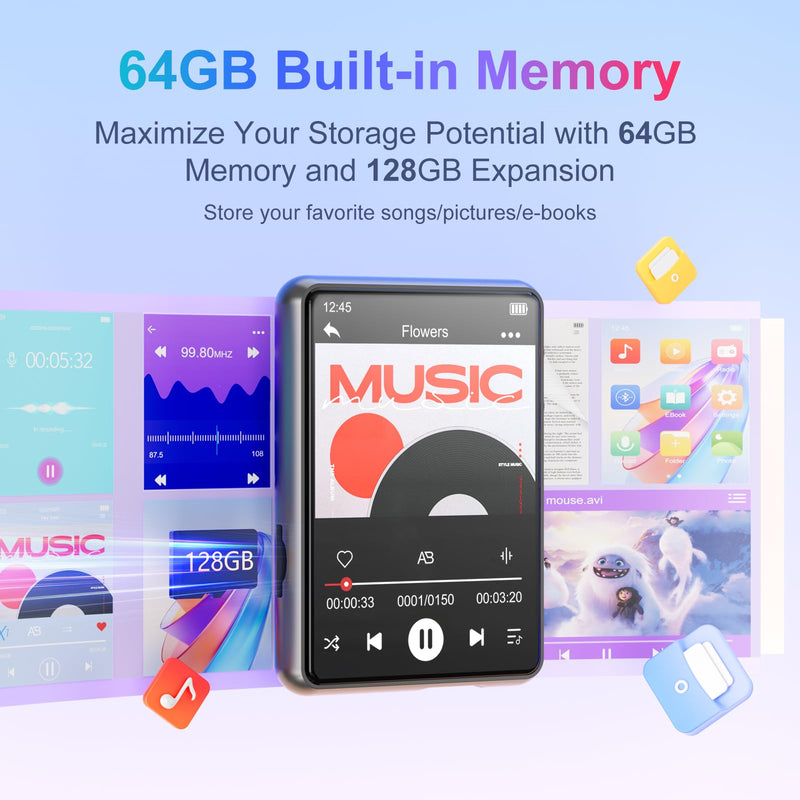 [AUSTRALIA] - MECHEN 64GB MP3 Player Bluetooth 5.3 with 2.4" Full Touch Screen，Portable Digital Music Player with Speaker，FM Radio, Line Recording, HiFi Lossless Sound, Support up to 128GB. (Gray) Gray 