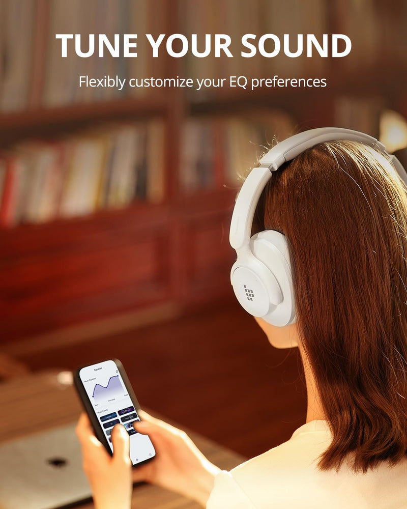 Tronsmart Q20S Hybrid Active Noise Cancelling Headphones, Wireless Over Ear Headphones with Mic, Hi-Res Audio, 60H Playtime, Deep Bass Custom EQ via App, Comfort Fit, for Travel Home Office White Style 2
