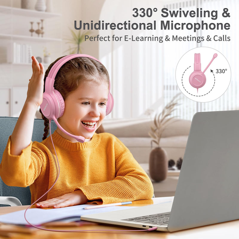 SIMOLIO Kids Headphones with Microphone for School, 75/85/94 dB Wired Headphones with Built-in MIC or Boom Mic for PC, Laptop, Gaming, Over Ear Pink Stereo Corded Headset for Girls, Children, Students