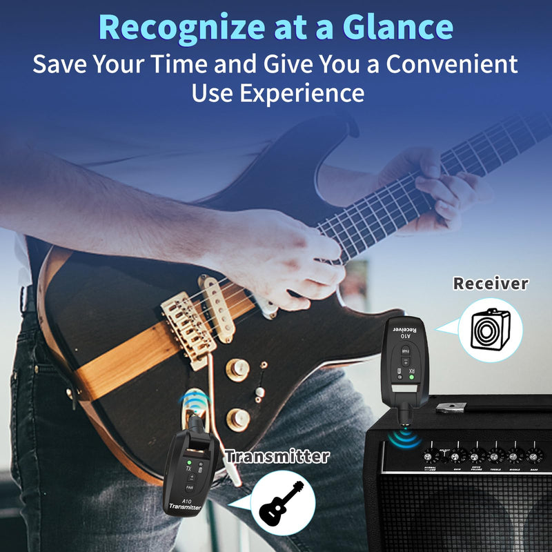 A10 Wireless Guitar System, 2.4GHz Rechargeable Transmitter Receiver, 24-bit 48KHz Audio, 100ft Range, No Latency, Plug and Play for Electric Guitar & Bass Accessories