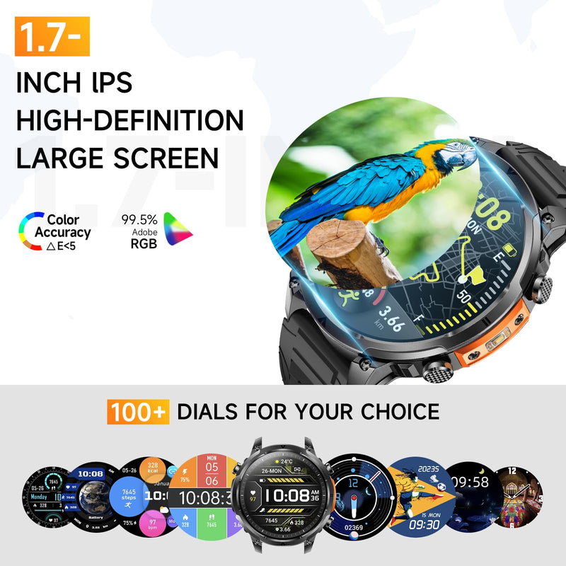 2026 New Military Smart Watches Built-in GPS and Compass with Heart Rate/SpO2/Sleep Monitor, 1.7" HD Display Outdoor Smartwatch with 720MAH/Flashlight/Bluetooth/100+Sports Modes, Android iOS Black