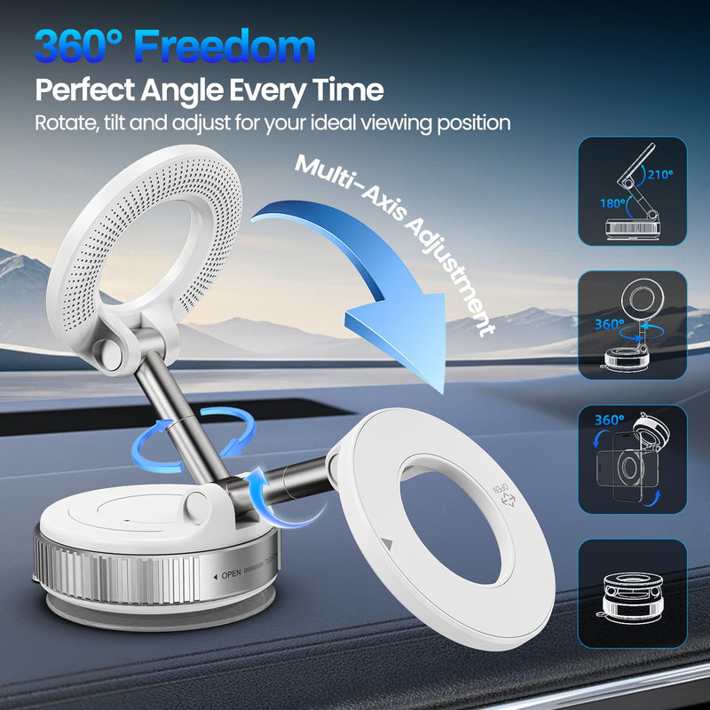 Jikasho Magnetic Phone Holder for Car, Suction Cup Phone Mount for Magsafe | 360° Adjustable Vacuum Car Phone Mount, Hands-Free Phone Holders for Your Car for iPhone 17 Pro Max 16 15 14 13 12 Air Plus White