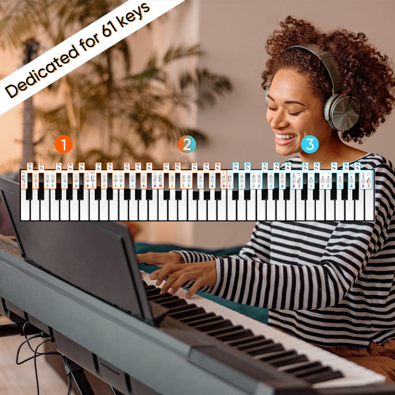 61 Keyboard Notes Guide with Black Keys Semitones,Non-Sticky Electric Piano Stickers with Dust Cover and Box,Easter Basket Stuffers-Color Double Spines 61-color