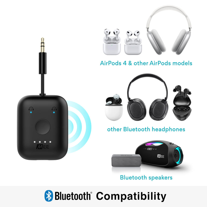 [AUSTRALIA] - MEE Audio Connect Air in-Flight Bluetooth Wireless Audio Transmitter Adapter for up to 2 AirPods/Other Headphones; Works with All 3.5mm Aux Jacks on Airplanes, Gym Equipment, TVs, & Gaming Consoles Black 
