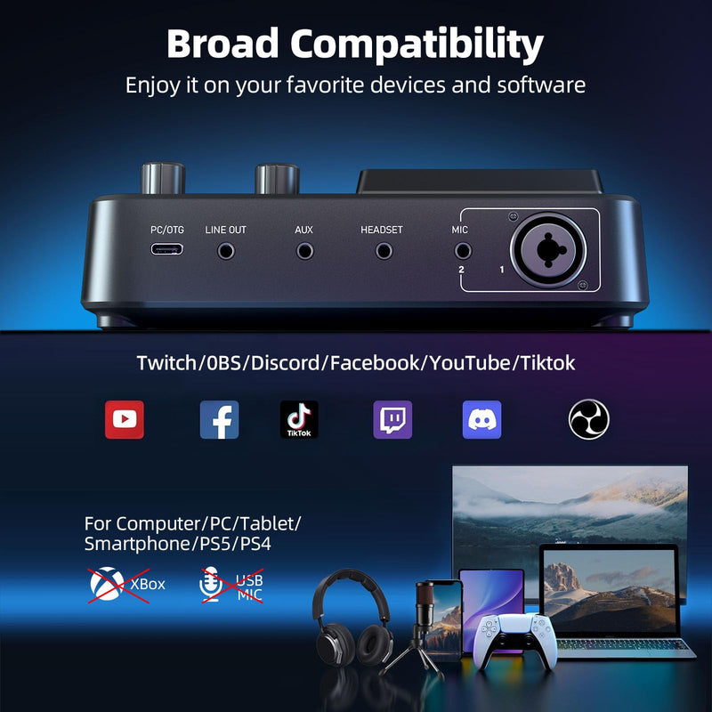 [AUSTRALIA] - PUPGSIS Gaming Audio Mixer, Audio Interface for PC/Podcast/Streaming, Sound Board with 3.5mm/XLR Mic Input, 48V Phantom Power, Voice Changer, Live Sound Card with DJ Mixer Effects/Bluetooth/4 Channel Black 