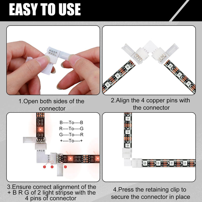 Pack of 20 4-Pin 10 mm LED Connector for SMD 5050 RGB LED Strips, 10 Pieces L-shaped Corner Connector and 10 Pieces LED Strips, Quick Connector, 4-Pin 10 mm RGB Strip Connector Solderless
