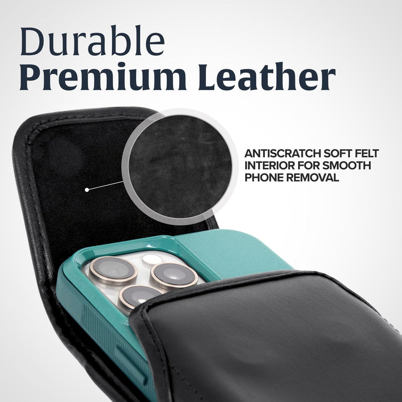 Turtleback Belt Clip for iPhone 16 Pro, 16e, 15 pro 14 Pro 13 Pro -Medium- Fits w/Shockproof Commuter Style Cases, Premium Black Leather, Vertical Belt Holder, Magnetic Closure HD Rotating Clip Medium Vertical - Leather w/ Metal Clip