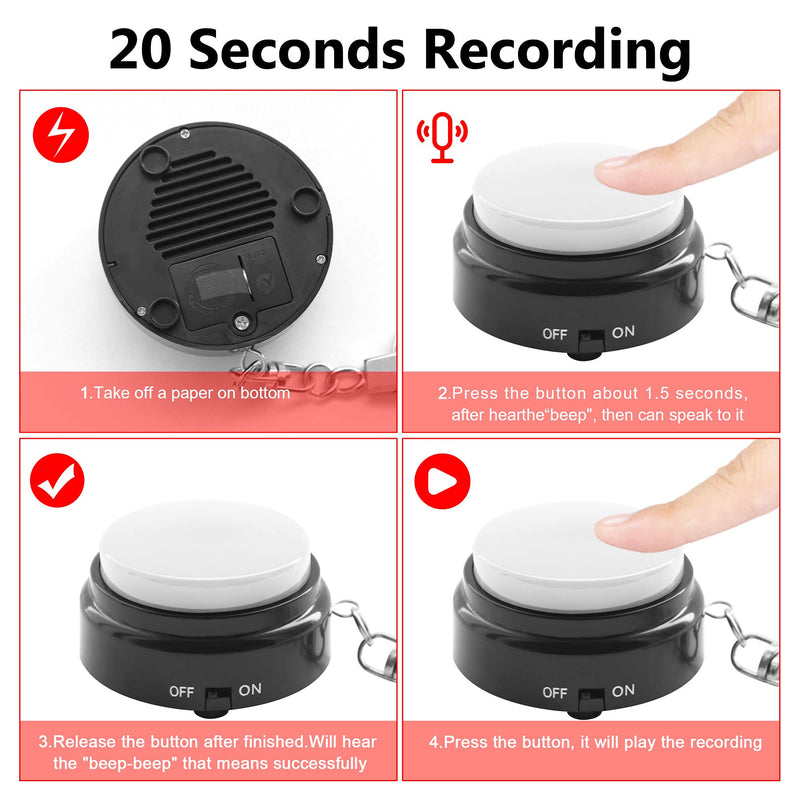 Recordable Talking Button with Keychain, 20s Voice Recording Time Sound Button Answer Buzzers Funny Buttons Record Your Own Words Also Used for Dog Pack of 4 - White and Black (Battery Included) Black and White4