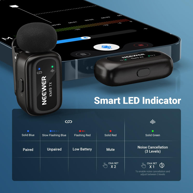 [AUSTRALIA] - NEEWER KM19 Lightweight Wireless Lapel Microphone, 48kHz/24bit 30H Battery 3-Level Noise Cancelling Mute Stereo 100m Range Mini Lav Mic with App Control, Compatible with iPhone Android Phone PC 