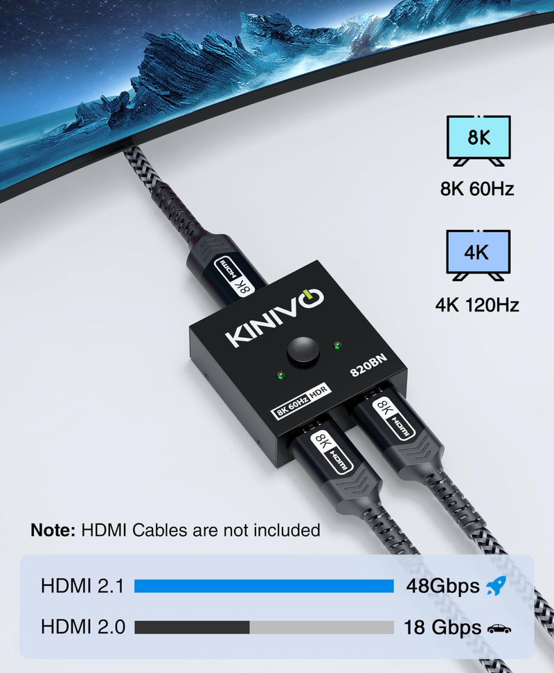 [AUSTRALIA] - Kinivo 8K HDMI Switch 2 in 1 Out - (Uni-Directional, 8K 60Hz, Ultra HD Switcher Hub, 48Gbps HDMI Hub, HDR10+ Selector, Manual Switching Only) - Compatible with HDTV, PS5/4, Xbox, Projector 8K - 2 Port 