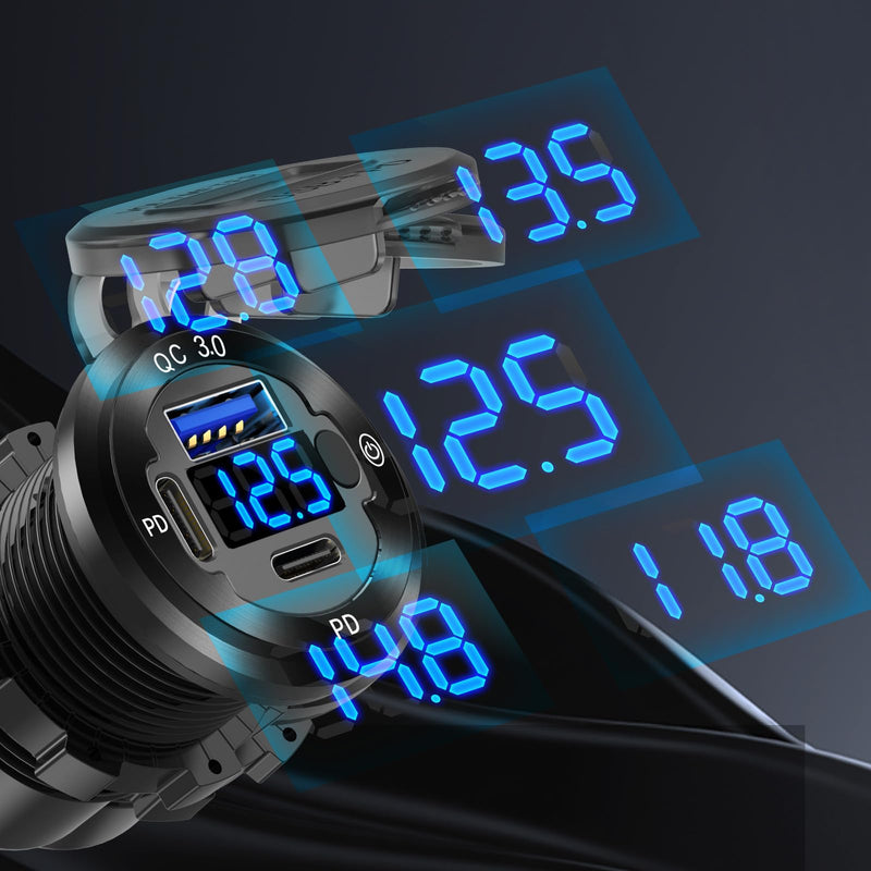 12V USB Outlet Wire USB Charger Multi Port, 3-Port Marine USB Fast Charger Waterproof Cigarette Outlet USB Replacement Aluminum