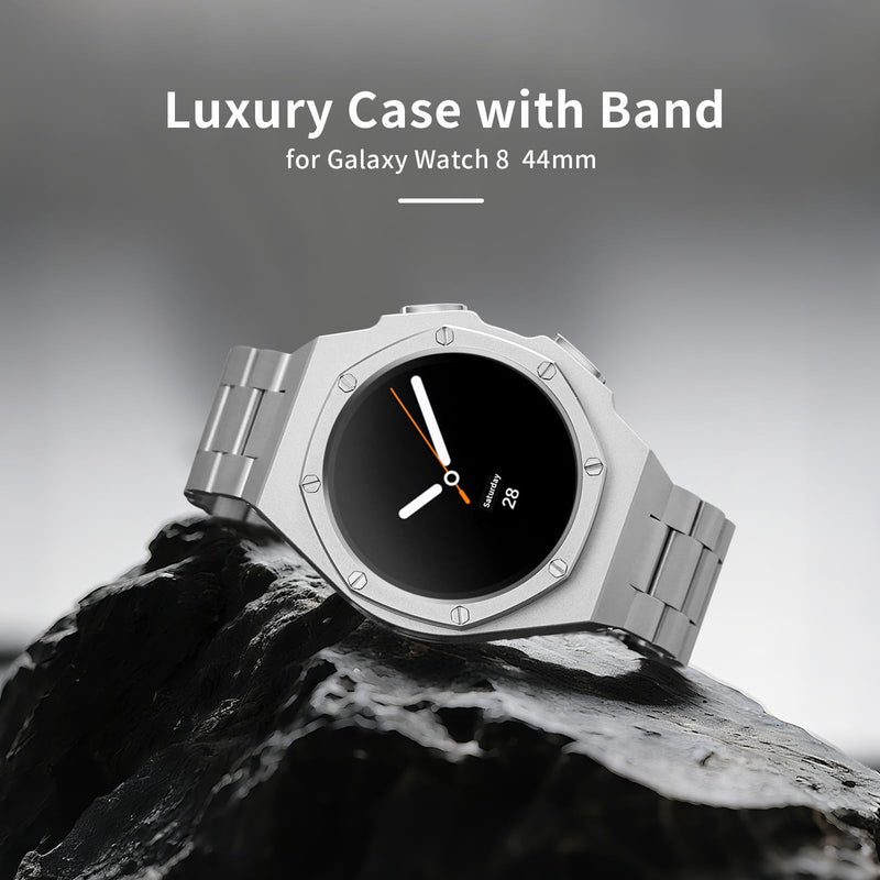 Case with Band for Samsung Galaxy Watch 9 8 44mm, Luxury Metal Face Cover with Tactical Stainless Steel Strap Military Protection for Men, Silver