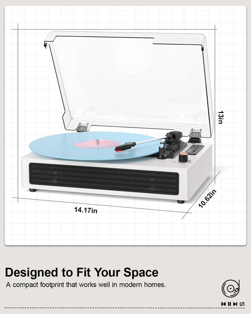 Vinyl Record Player Bluetooth Turntable, 3-Speed Retro Vinyl Player with Built-in Speakers,AUX in, Auto Stop,USB Recording, Belt-Drive LP Player White