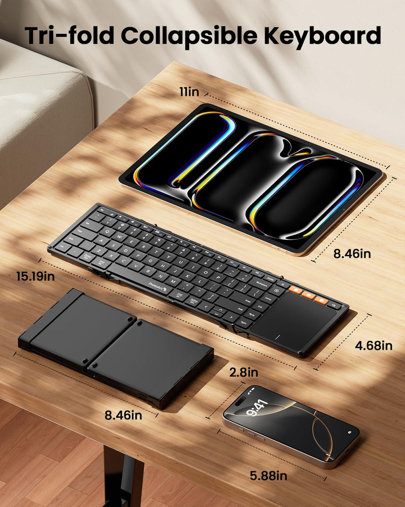 ProtoArc Foldable Keyboard with Touchpad, XK01 TP Folding Portable Keyboard, Full Size Keys, Large Trackpad Bluetooth Travel Keyboard for iPad, iPhone, Laptop PC Tablets -Black Black