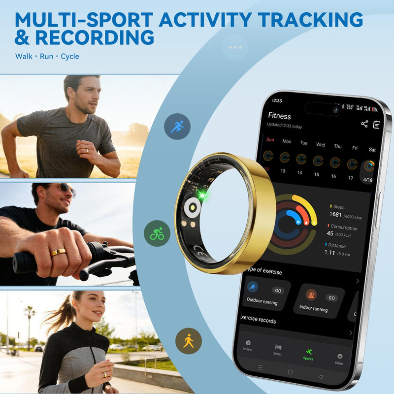 Smart Fitness Ring for Men and Women – Lightweight & Barely‑There Feel, Track Heart Rate, Stress, Sleep, Steps & SpO2, Ultra‑Slim 6mm,10ATM Waterproof, No Subscription Fee, Gold 8
