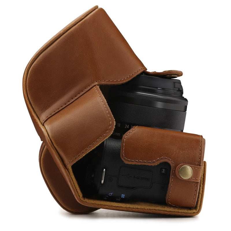 MegaGear Canon EOS M50 Leather Camera Case - Premium PU Leather Protective Cover, Ever Ready Design with Battery Access - 15-45mm Lens - Light Brown