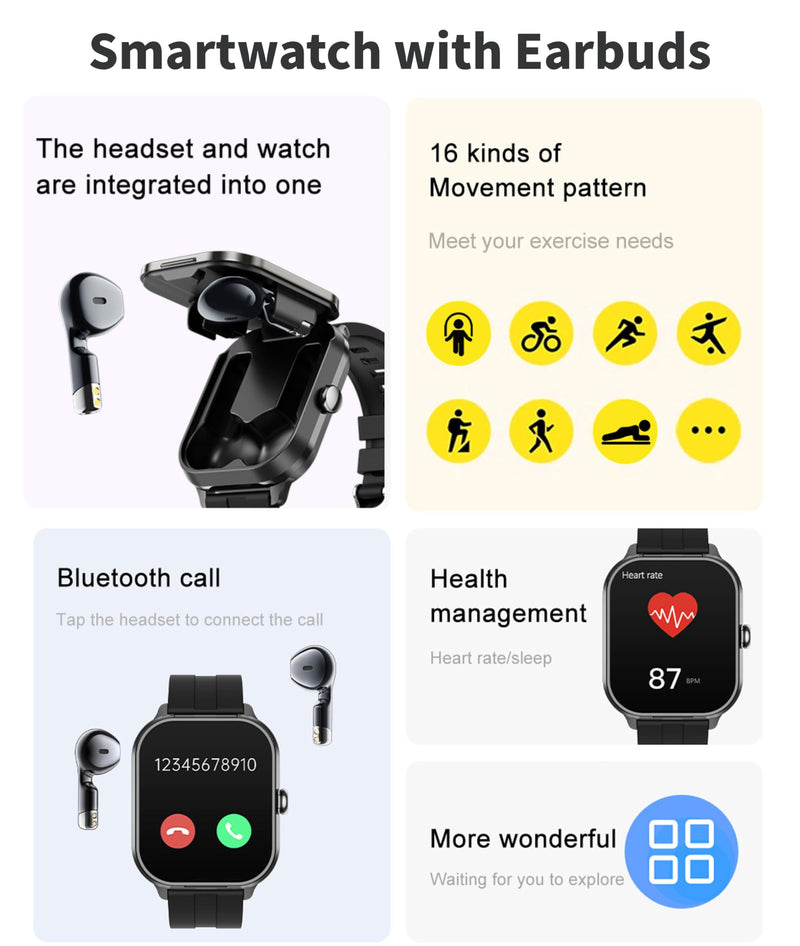 Diyeeni D8 Pro Smart Watch with Earbuds for Men Women, 2.01 Inch HD Touch Screen, 2 in 1 BT Watch with Sports Mode, Remote Camera Control, Weather, Alarm Clock for iOS for Android (Black Black with Steel Strap