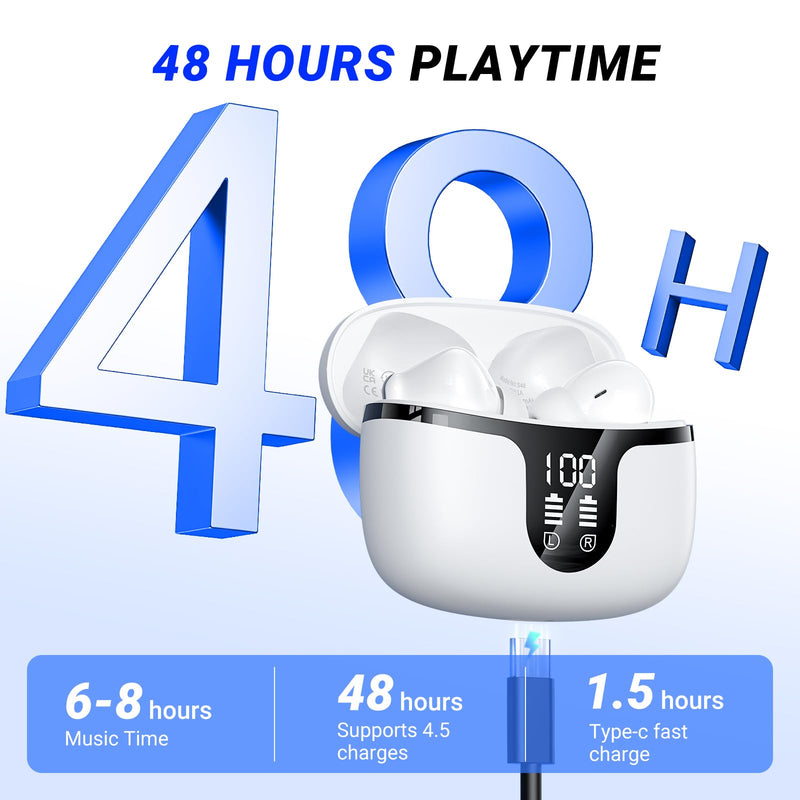 Wireless Earbuds, Bluetooth 5.4 ear buds with 4 ENC Noise Cancelling Mics, Bluetooth Earbuds with 48H Playtime, IPX7 Waterproof Workout earbuds, White headphones HiFi Sound LED Display for iOS Android
