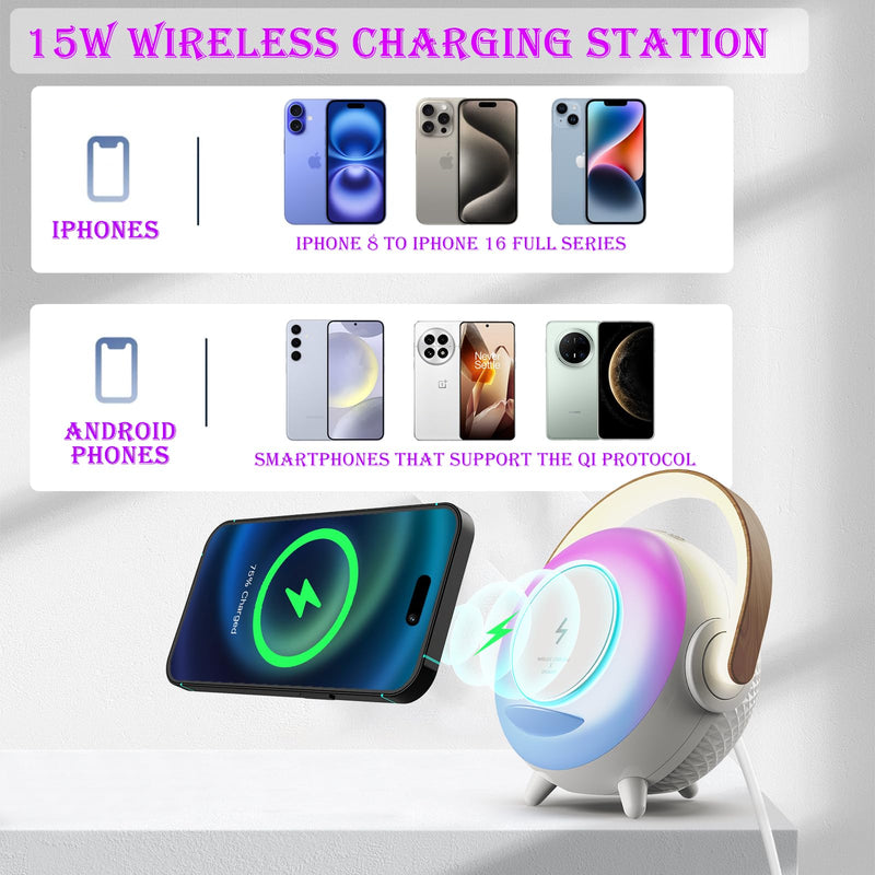 Depulat 6 in 1 Bluetooth Speaker, Microphone Karaoke, RGB Ambient Table Lamp, Dimmable Night Light, 15W Wireless Phone Charging Station, Phone Stand, Gifts for Teen Boy Girl Gifts Trendy Stuff PX-03