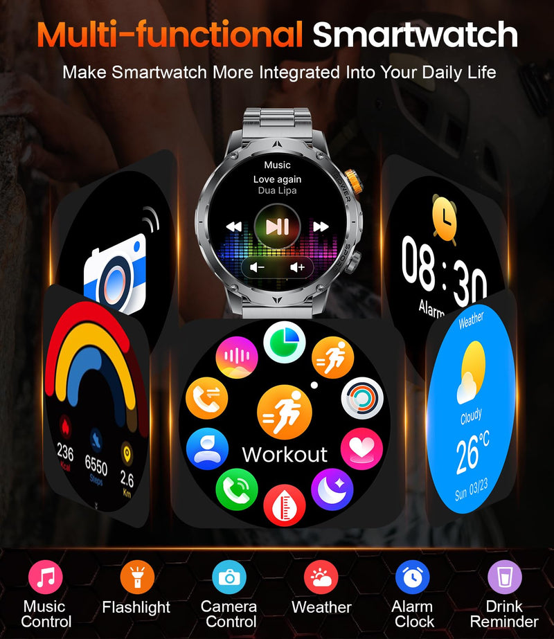 LIGE Military Smart Watches for Men(3 Bands),1000mAh Battery/1.7" HD Large Screen Smartwatch, Flashlight/120+ Sports Modes/Sleep Monitor, 5ATM Waterproof Fitness Tracker Watch for Android iOS,Black Black