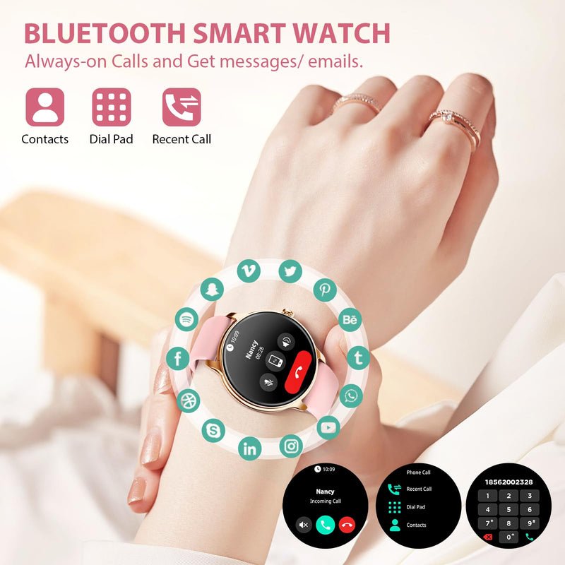 Smart Watch for Women Round Android iphone compatible IP68 Waterproof | Zolovip Womens Fitness Watch Answer/Make Call, Ultra thin 1.32" AMOLED, 100+ Sport Modes, Health/HR/Sleep, 2 Straps