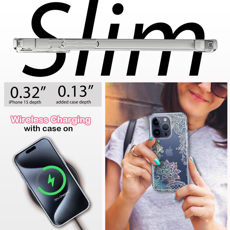 Coolwee Anti Yellowing Clear Glitter for Apple iPhone 15 Pro Max Case Floral, 6.7 inch, 6.6ft Military Grade Protective Cute Mandala Crystal Bling Lace Slim TPU with Camera & Screen Protector Clear Glitter Lace