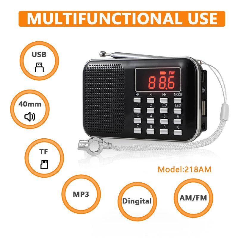 [AUSTRALIA] - Leting Radios Portable AM/FM MP3 Speaker, Supports Micro SD/USB, Records Music, Rechargeable Battery, Mini Radio with Best Reception (Black) BLACK 