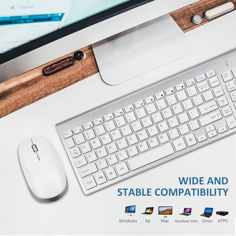 Wireless Keyboard and Mouse - FENIFOX USB Slim 2.4G Wireless Keyboard Mouse Combo Full-Size Ergonomic Compact with Number Pad for Laptop PC Computer Windows mac- Silver White