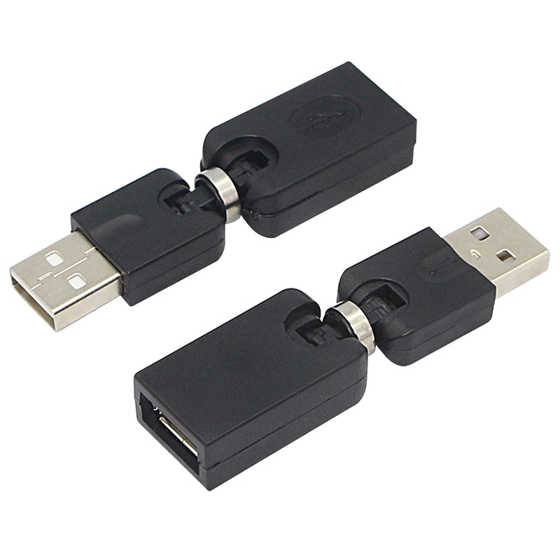 GELRHONR Swivel USB Adapter, Rotatable USB 2.0 Type A Male to Type A Female Extension Connector 360 Degree Rotation Adjustable Right Angle Extension Adapter Converter(Black- 2 Pack)