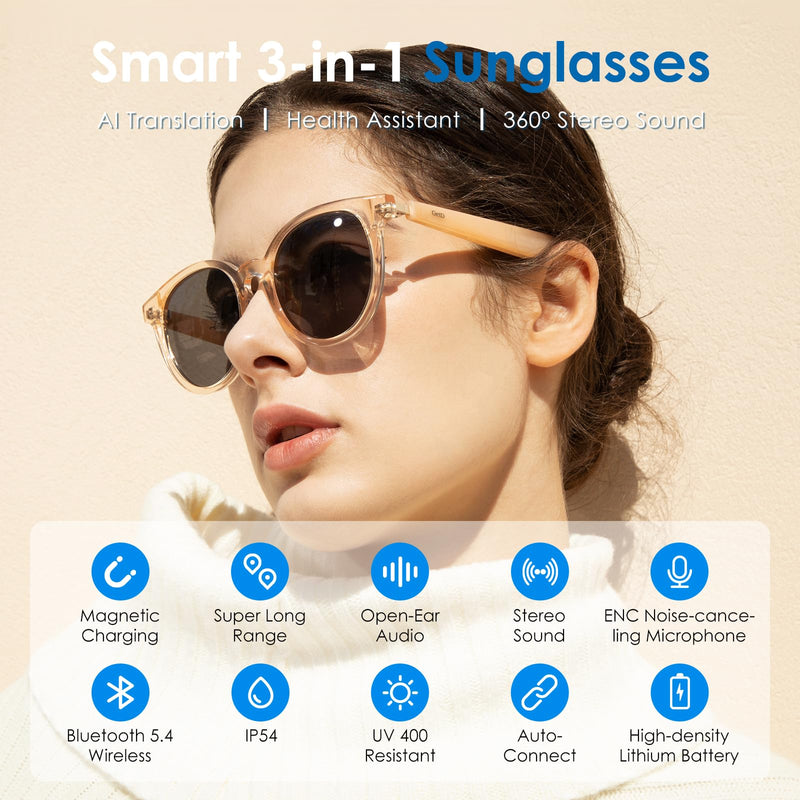 GetD Smart Glasses - Translucent Beige Frames, 100% UV & Glare Protection. Bluetooth AI Music Glasses for Men & Women with Polarized Lenses, AI Translator, 11H Battery Life, for Travel & Daily.