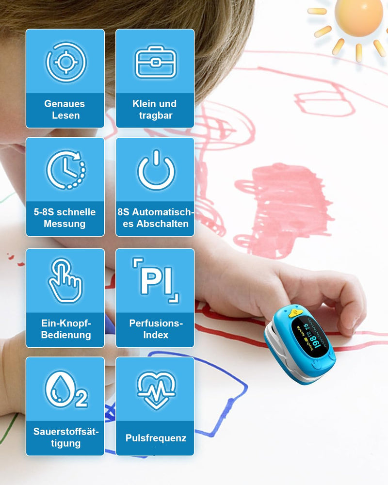 HealthTree Portable Fingertip Blood Oxygen Saturation Monitor, Pediatric Pulse Oximeter with OLED Screen, 2 AAA Batteries Included, Suitable for Baby and Kids Blue